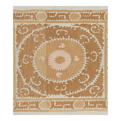 Suzani Wall Hanging Decor - Tan Suzani Table Cloth - Uzbek Embroidery Neutral Textile, Neutral Boho Bedspread, Ethnic Tapestry 4'8'' x 5'1''
