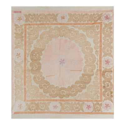 Vintage Suzani Bedspread with Pastel Colors, Old Embroidery Uzbek Fabric, Wall Hanging Decor, Tribal Cotton Textile Art 4'5'' x 4'6''