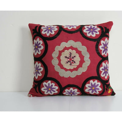 Vintage Square Suzani Cushion, Red Decorative Pillow, Ethnic 16" x 16"