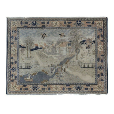 Vintage Village Pictorial Turkish Rug - Wall Hanging Tapestry 3'7'' x 4'9''