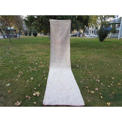 Vintage Handmade Neutral Color Turkish Oushak Hallway Runner Rug 14'1' 'x 2'11''