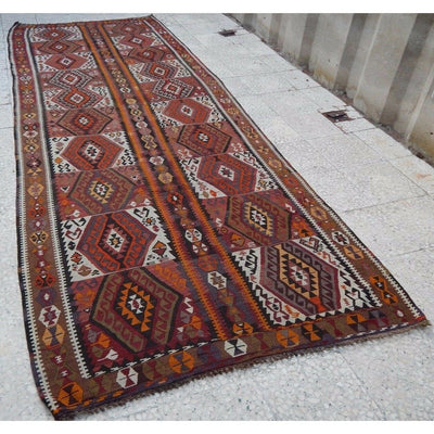 4.4x11.8 Foot Large Multi Colored Diamond Pattern Turkish Hall Kilim  Rug Runner