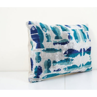 Ikat Velvet Pillow - Fish Lumbar Cushion Cover