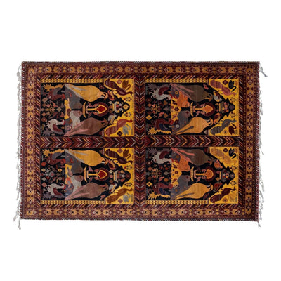 1970s Vintage Bohemian Botanical Animal Handmade Wool Rug 6'8" X 9'11"