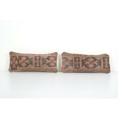 Organic Wool Muted Brown Carpet Rug Pillow, Set of Two Faded Ethnic Cushion