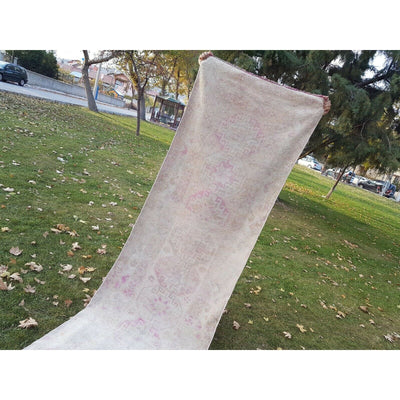 Vintage Handmade Neutral Color Turkish Oushak Hallway Runner Rug 14'1' 'x 2'11''