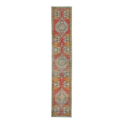 Geometric Tribal Vintage Turkish Oushak Rug Runner Handwoven Narrow Hall Carpet