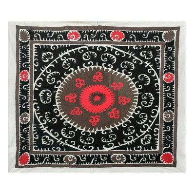 Mid-19th Century Black Suzani Wall Hanging Decor - Table Cover 4'8" X 5'