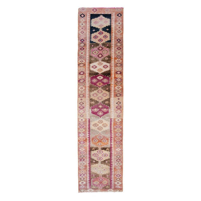 Caucasian Pattern Kurdish Rug Runner , Vintage Handwoven Pink, Fuchsia Carpet