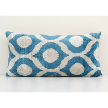 14" x 28" Ikat Blue Polka Dot Pillow Pillow Cover - Silk Ethnic Velvet Pillow