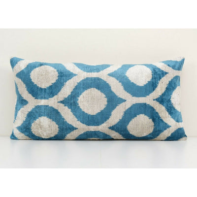 14" x 28" Ikat Blue Polka Dot Pillow Pillow Cover - Silk Ethnic Velvet Pillow