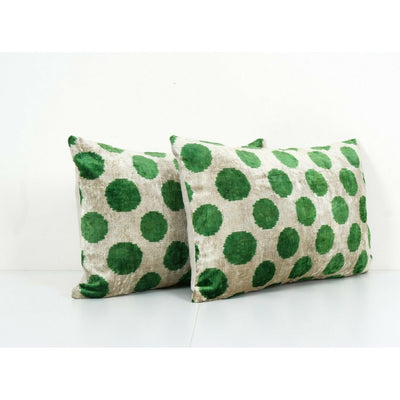 Green Soft Velvet Silk Pillow, Ikat Velvet Cushion Covr - A Pair