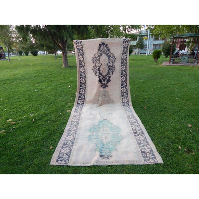 Geometric Distressed Wool Oushak Runner - Wide Hallway Rug with Muted Color