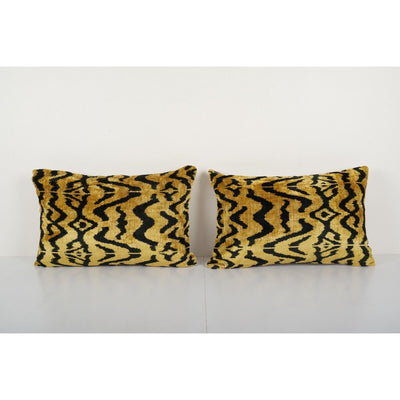 Gold Tiger Ikat Velvet Pillow, Set of Two Bengal Motifs Silk Lumbar Cushion