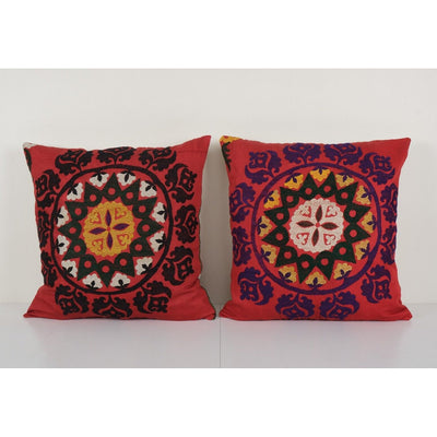 Set of Two Suzani Red Cushion Cover, Tribal Square Embroidery Pillow Case