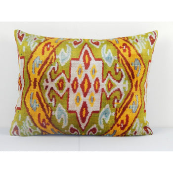 16" x 20" Ikat Velvet Lumbar Pillow Cover, Handmade Silk Ikat Velvet Pillow