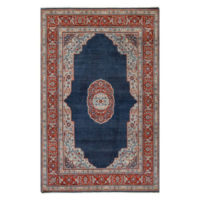 Turkish Distressed Blue Area Rug Hand Knotted Wool Oushak Rug 4'3" X 6'7"