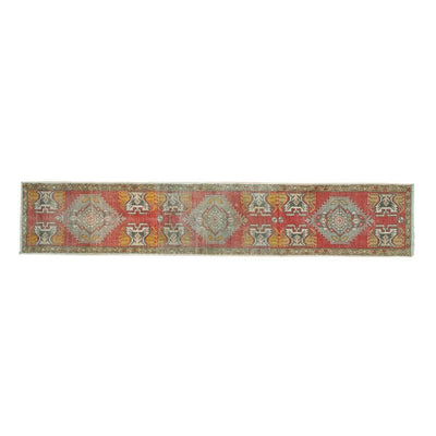 Geometric Tribal Vintage Turkish Oushak Rug Runner Handwoven Narrow Hall Carpet