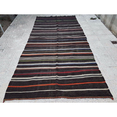 Mid Century Handwoven Brown Color Wide Goat Hair Kilim Rug Runner 5.2 X11.1 ft.