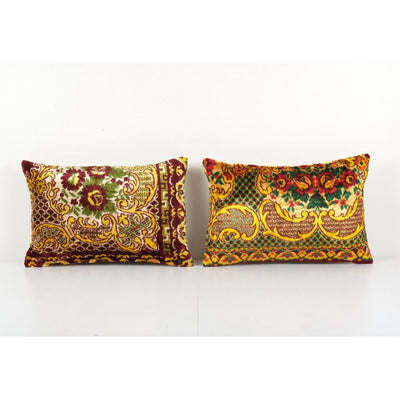 Set of Two Bohemian Lumbar Velvet Cushion Cover, Pair Yellow Velvet Vintage
