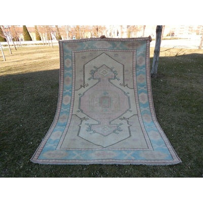 1970s Vintage Turquoise Turkish Oushak Rug - 5'8'' X 8'
