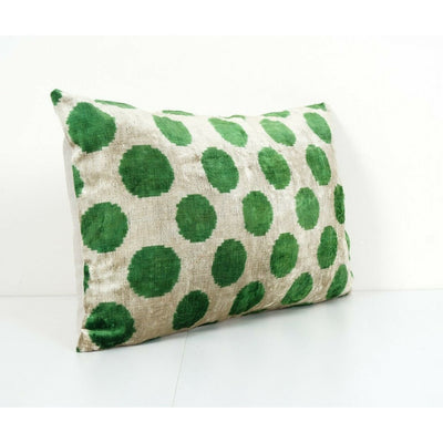 Green Soft Velvet Silk Pillow, Ikat Velvet Polka Dot Cushion Cover 14'' x 24''