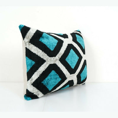Blue Silk Ikat Velvet Pillow Cover, Handloom Ikat Lumbar Cushion Cover
