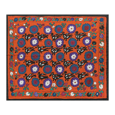 Vintage Folk Art Bird Motifs Suzani Wall Hanging Decor - Red Uzbek Embroidery