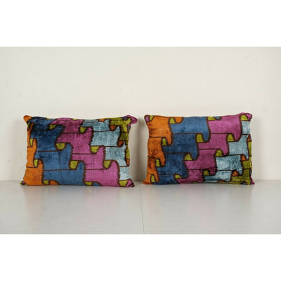 Ikat Velvet Pillow, Set of Two Colorful Silk Puzzle Lumbar Cushion Cover