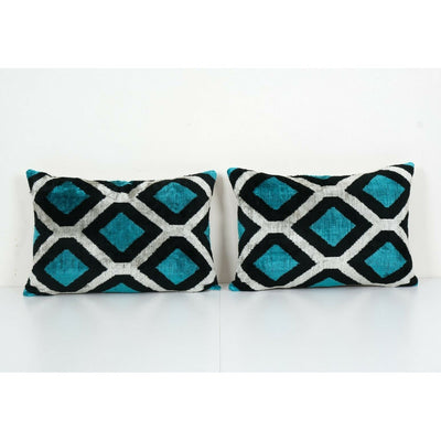 Blue Silk Ikat Velvet Pillow Cover, Pair Handloom Ikat Lumbar Cushion Cover