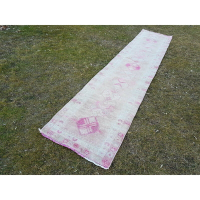 Vintage Kurdish Geometric Faded Pink Low Pile Long Rug Runner 2'6'' x 12'10''