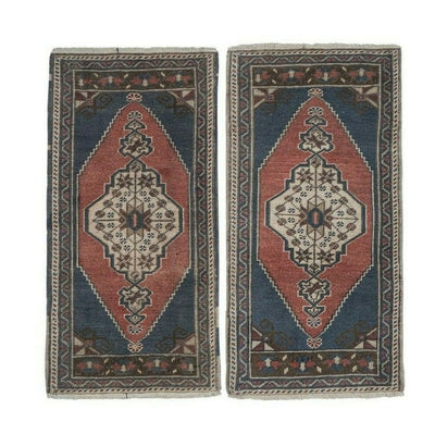 Red Turkish Vintage Handmade Geometric Anatolian Rug - Set of Two
