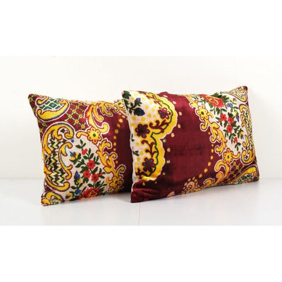 Yellow Lumbar Velvet Pillow Cover, Set Red Ethnic Lumbar Cushion Cover