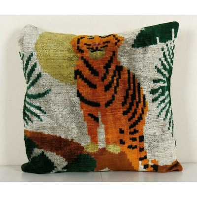 Square Silk Tiger Ikat Velvet Pillow, Yellow Animal Pattern Ethnic Cushion