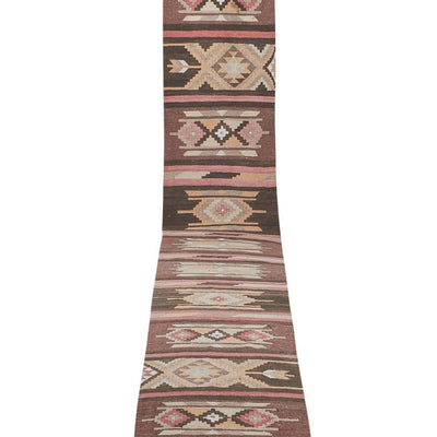 Turkish Puprle Brown Kilim Extra-Long Hallway Runner With Boho Chic Style
