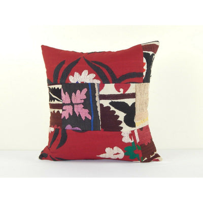Red Suzani Patchwork Cushion Cover, Tribal House Decor 20" x 20"