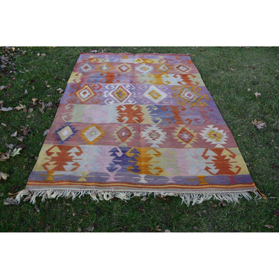 Vintage Pink Blue Turkish Kilim Rug - Designer Wool Carpet 5'10" X 8'6"