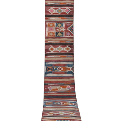 Hand-Woven Pink, Blue, Yellow and Green Color Turkish Long Kilim 2'6'' x 16'7''