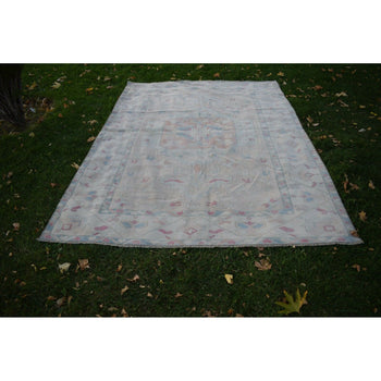 1940s Vintage Distressed Oushak Soft Colors Wool Pile Rug 6.4 x 9 Ft