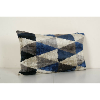 Geometric Ikat Velvet Lumbar Pillow, Hand Woven Diagonal Blue Silk Ikat