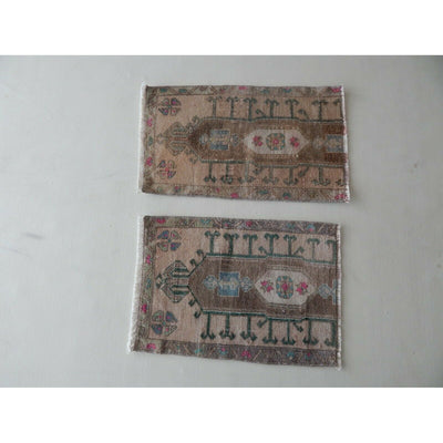 Vintage Small Wool Doormats, Set Of 2, Pair Hand Knotted Rugs, Oushak Ushak Rug