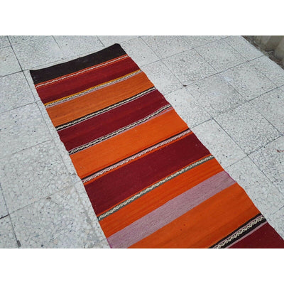 9 Foot Kitchen Runner, Orange Handwoven Kilim Rug Runner,Striped Bedside Kelim