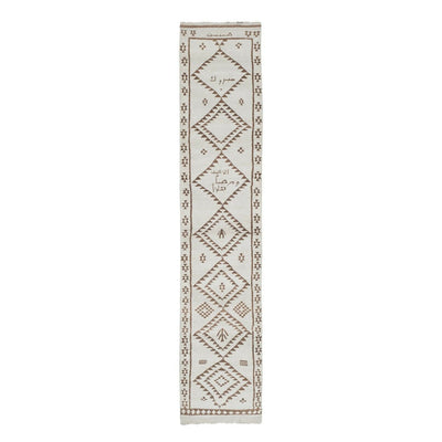 White & Brown Vintage Wool Turkish Herki Runner - Designer Carpet