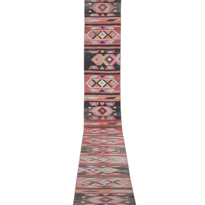 Hand-Woven Pink, Yellow, Orange and Black Color Turkish Kilim Runner Rug