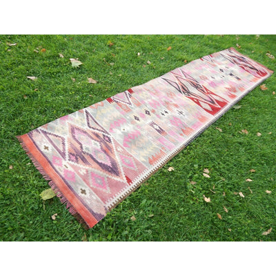 1970s Vintage Turkish Geometrical Oushak Kilim Runner 2.5 x 10.6 FT