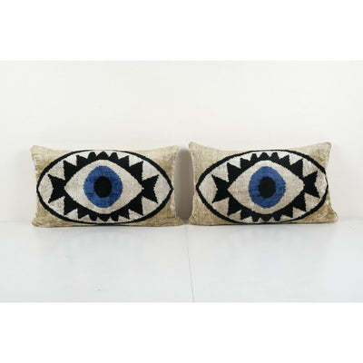 Ikat Eye Beige Pillow Cover - Handloom Blue Silk Ikat Velvet Lumbar Set Of Two