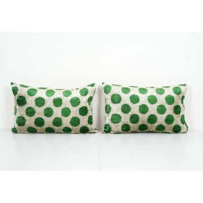 Green Soft Velvet Silk Pillow, Ikat Velvet Cushion Covr - A Pair