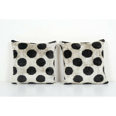 Black Silk Ikat Velvet Pillow Cover, Pair Polka Dot Ikat Square Cushion Cover