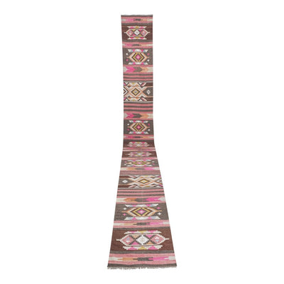Hand-Woven Pink, Fuchsia, Orange, Yellow and Brown Color Turkish Kilim Runner