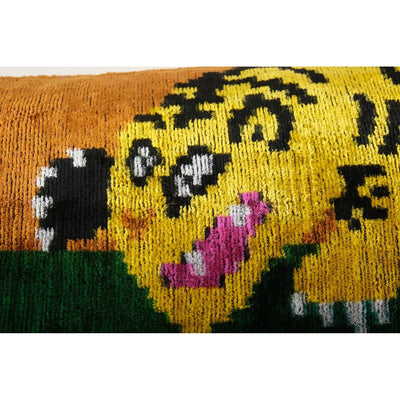 Fighting Tiger Ikat Velvet Pillow, Handwoven Silk Velvet Extra Long Lumbar